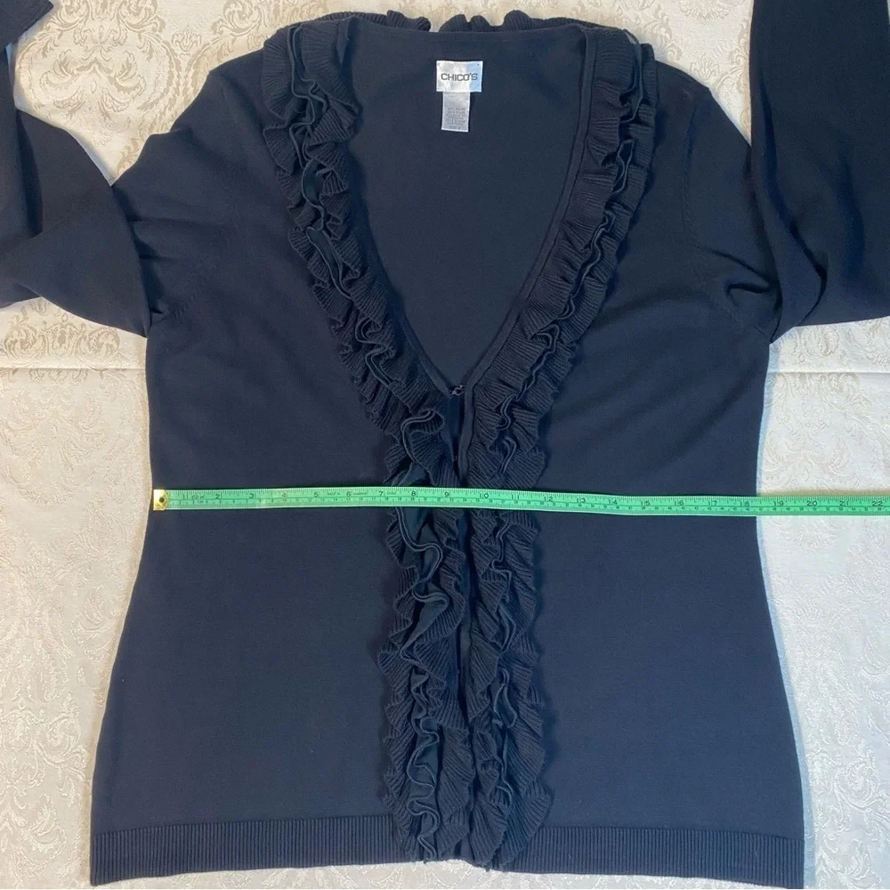 Chico’s Ruffled Black Dressy Cardigan Sweater Size 2 V-Neck Very Soft